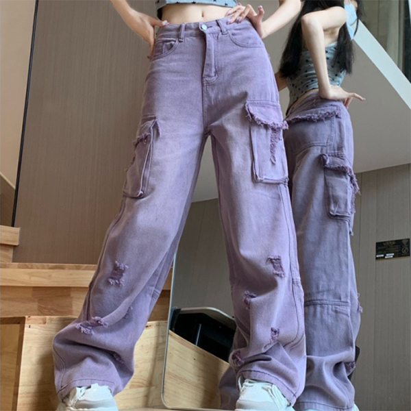 Purple Washed Distressed Ripped Cargo Cargo Jeans - fairypeony