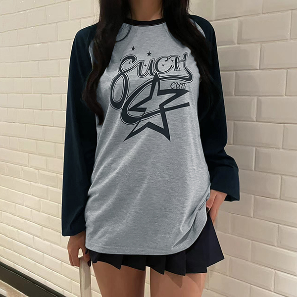Raglan Star Print Oversized Long Sleeve Tee - fairypeony