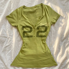 2000s Harajuku "22" Number Print Slim Crop Top – Matcha Green S–L