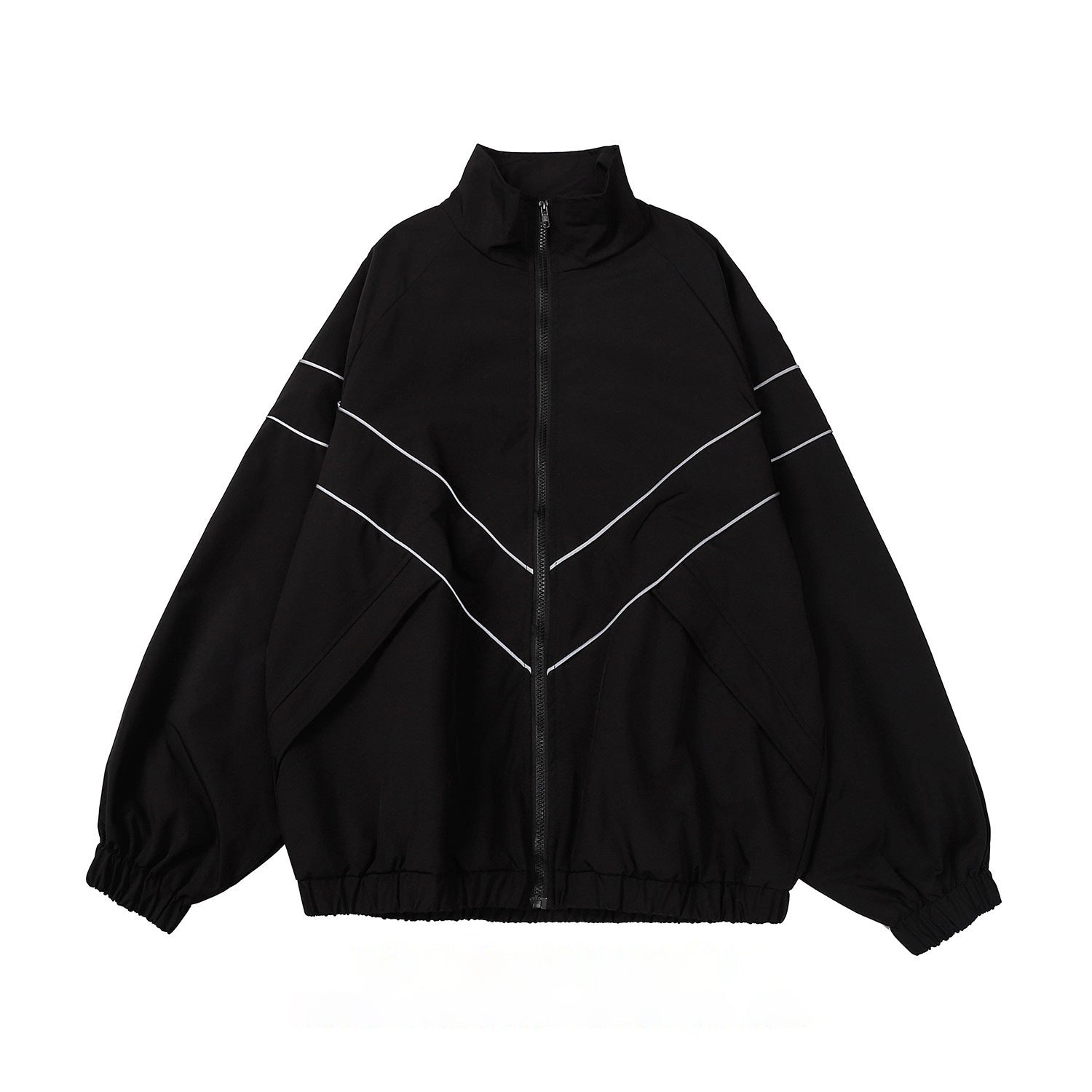 Black jacket with white zipper and line design on a white background