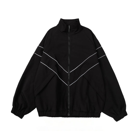 Black jacket with white zipper and line design on a white background