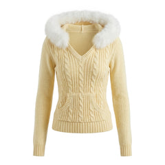 2000s Twisted Knit Hooded Sweater with Fluffy Fur Collar – Slim Fit Cable Knit Top
