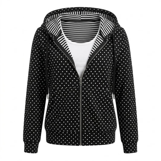 2000s Polka Dot Zip-Up Cropped Hoodie Jacket – Striped Hood Lining S–XL