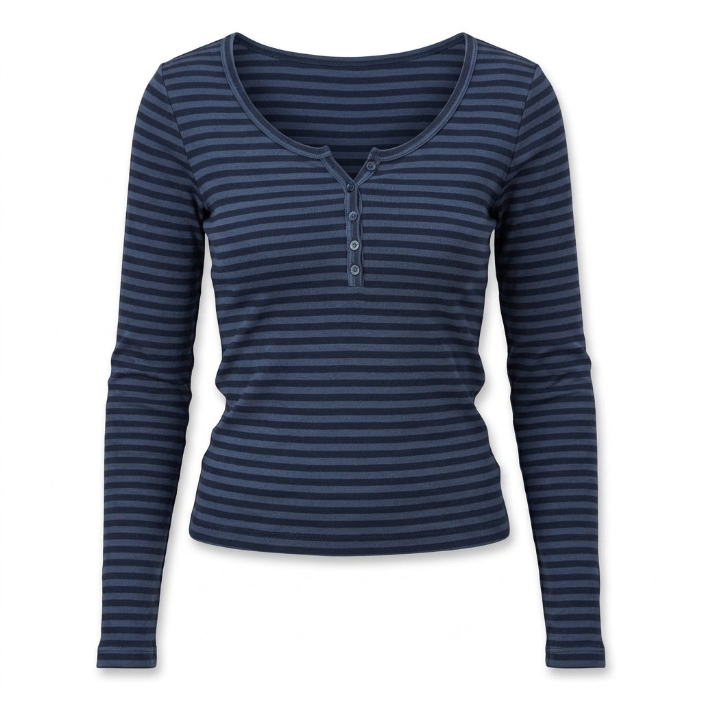 2000s Long Sleeve Striped Knit Henley Top
