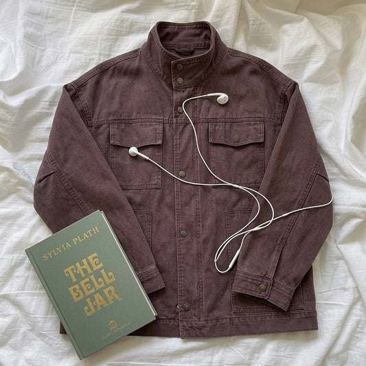 Stand Collar Long-Sleeve Coat – Snap Button Washed Cotton Jacket in 3 Colours