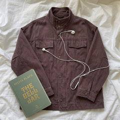 Stand Collar Long-Sleeve Coat – Snap Button Washed Cotton Jacket in 3 Colours