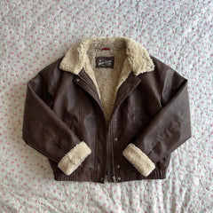 Retro Faux Leather Jacket – Lamb Fur Lined Spliced Vintage Americana Coat