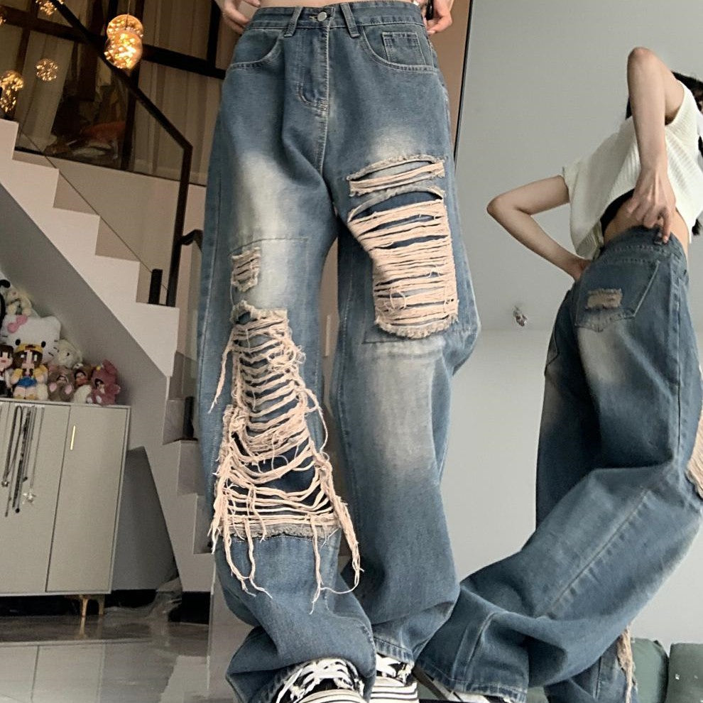 Retro Distressed Patch Ripped Baggy Jeans - fairypeony