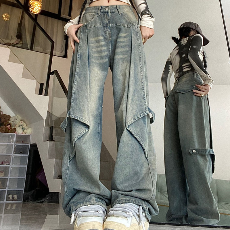 Retro Washed Wide Leg Patchwork Boyfriend Jeans - fairypeony