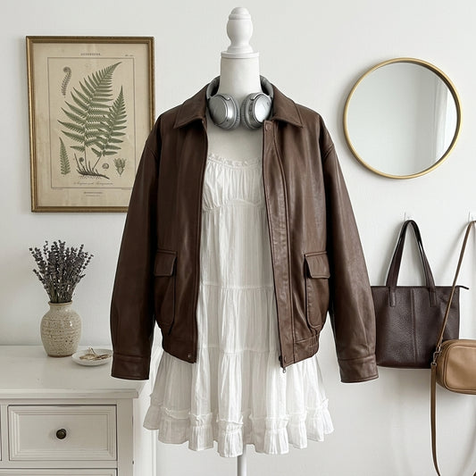 A brown faux-leather moto jacket styled on a white mannequin dress, with silver headphones around the neck. The scene is set in a styled room with a white dresser, framed botanical art, a round mirror, and a brown leather tote bag.