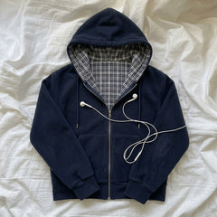 Retro Chic Plaid Hooded Zipper Sweatshirt – Loose Fit 100% Cotton Hoodie in 5 Colours