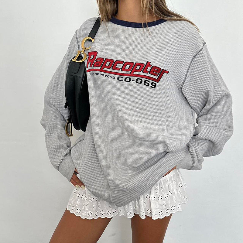 Retro Contrast Color Round Neck Loose Sweatshirt