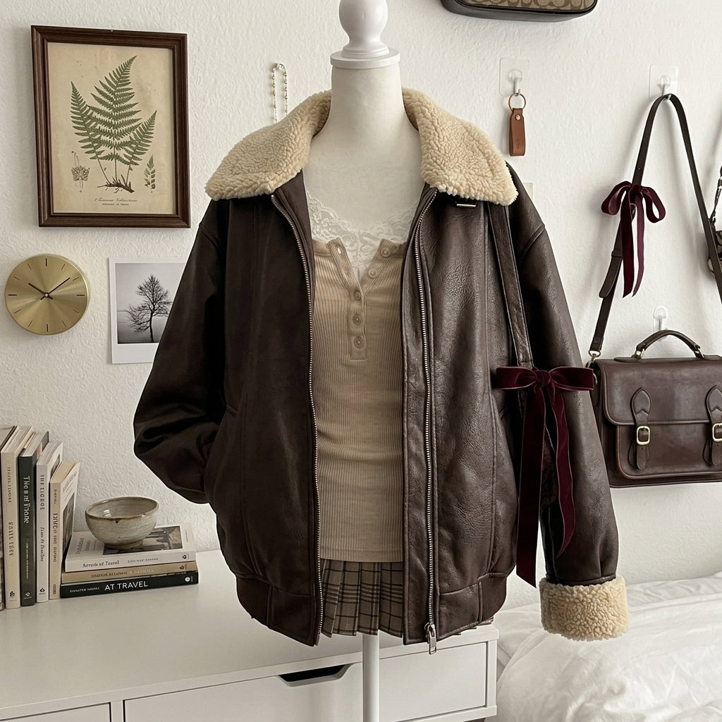 Retro Faux Leather Jacket – Lamb Fur Lined Spliced Vintage Americana Coat