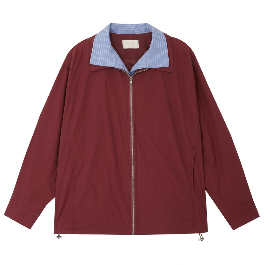 Retro Plaid Lining Loose Long-Sleeve Jacket – Zip-Up Lapel Coat in Red and Royal Blue