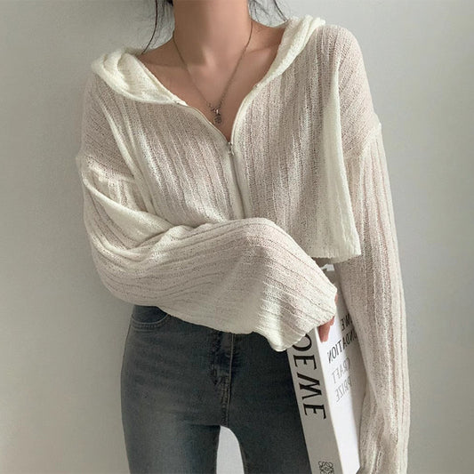 Rib Crop Knitted Zip Up Hoodie