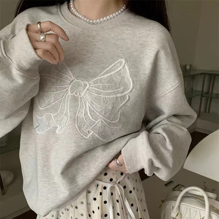 Round Neck Embroidered Bow Pullover Sweatshirt