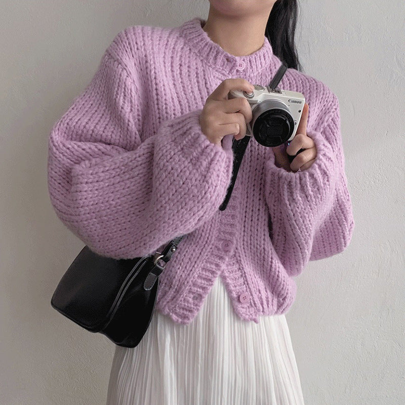 Round Neck Lantern Sleeve Knitted Cardigan