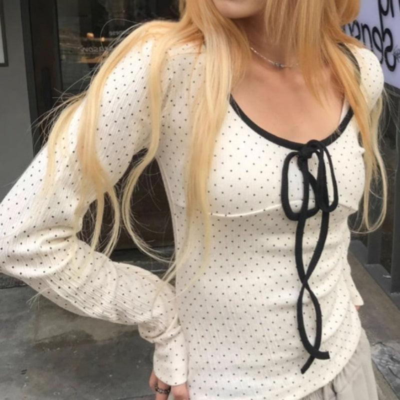 Round Neck Polka Dot Tie Knot Long Sleeve Tee