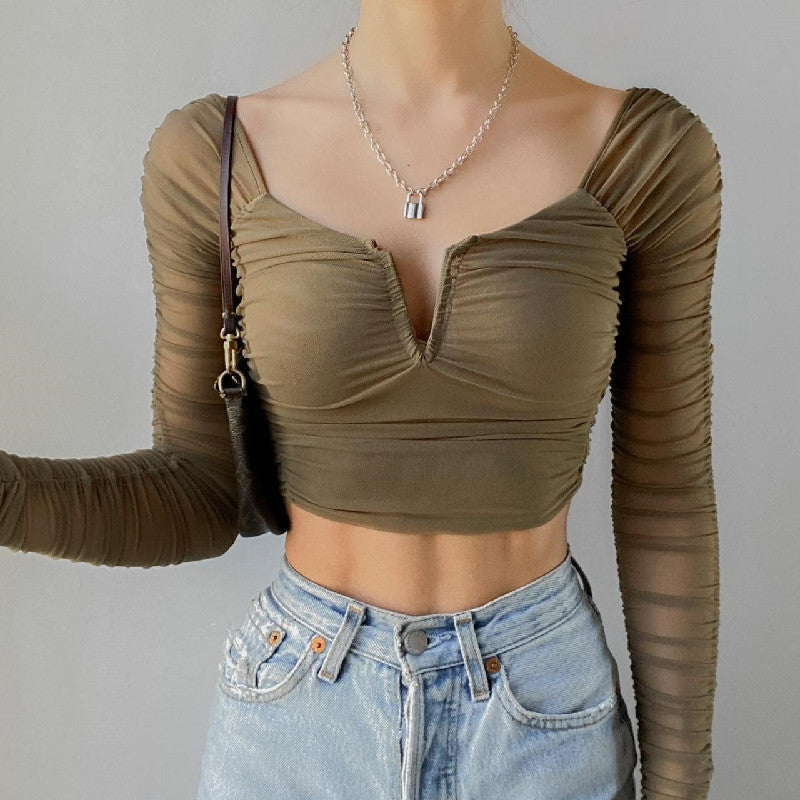 Ruched Mesh Long Sleeve Crop Top - fairypeony
