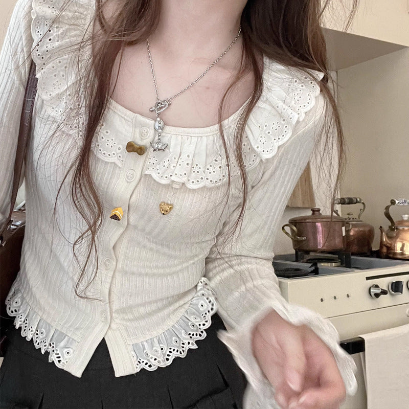 Ruffled Patchwork Lace Long Sleeve Top