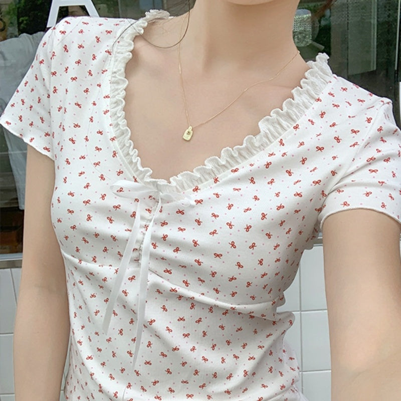 Ruffled V-neck Bow Print Short Sleeve Tee