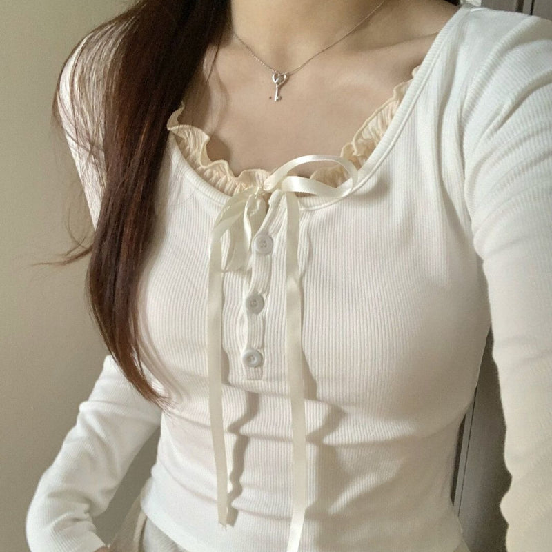 Ruffled Collar Bow Knot Long Sleeve Tee