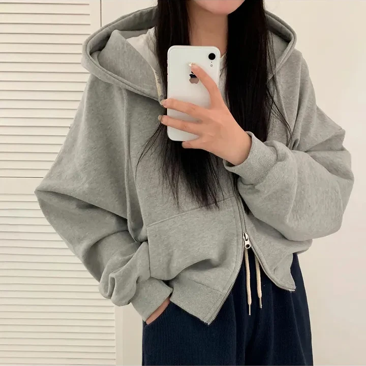 Solid Color Casual Pullover Zip Up Hoodie