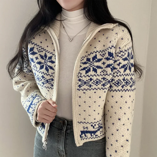 Aesthetic Snowflake Print Zip Up Cardigan