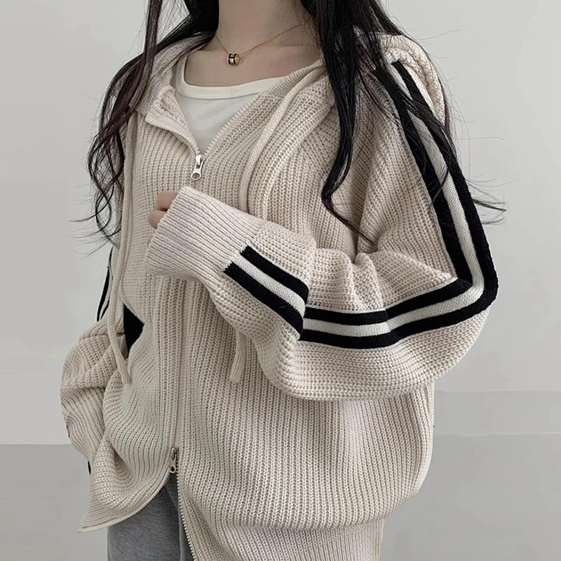 Vintage Striped Sleeve Hooded Zip Up Cardigan