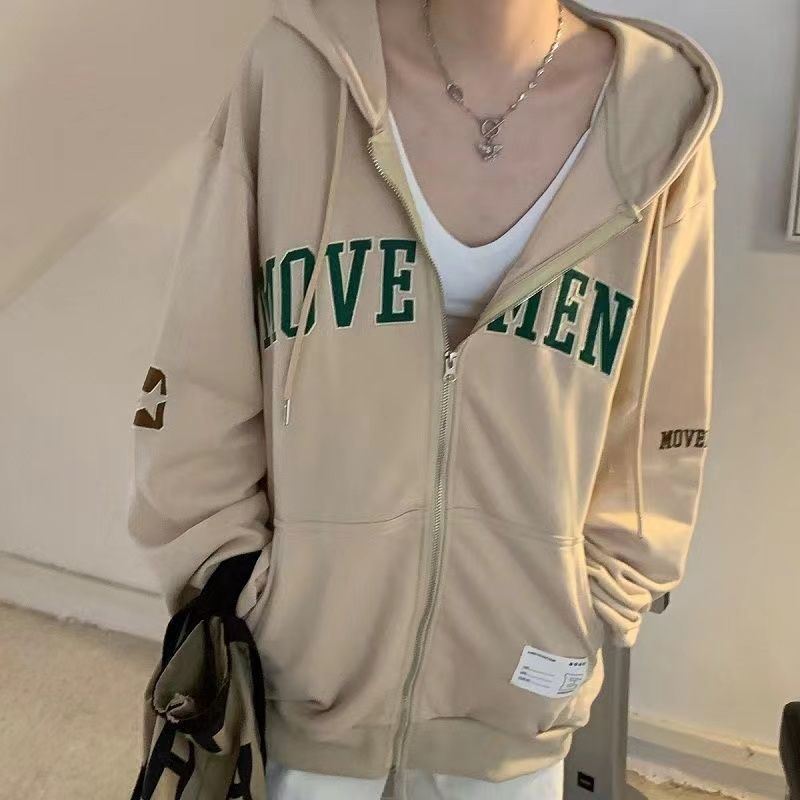 Letter Embroidery Oversized Zip Up Hoodie - fairypeony