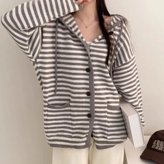 Vintage Striped Loose Hooded Knitted Cardigan