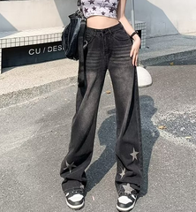Distressed Star Print Wide-leg Jeans - fairypeony