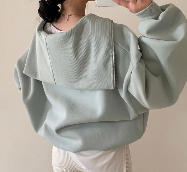 Solid Color Half Zip Up Oversized Sweatshirt - fairypeony