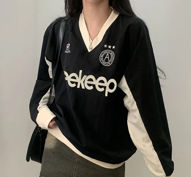 Preppy Contrast Color Letter Print V Neck Sweatshirt - fairypeony