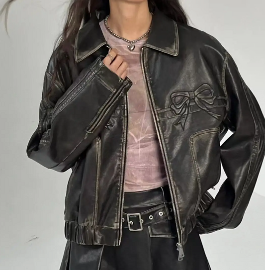 Bow Embroidery Piping Details Leather Jacket - fairypeony