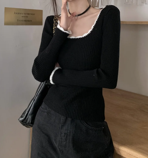 Contrast Color Trim Slim Long Sleeve Knit Top - fairypeony