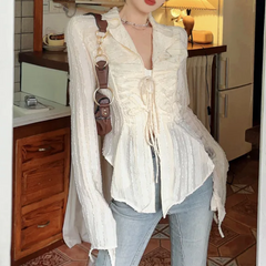 Front Tie Ruffle Long Sleeves Blouse - fairypeony