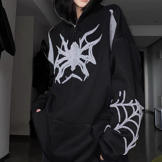 Embroidery Punk Spider Zip Up Hoodie - fairypeony
