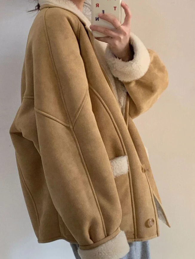 Suede Lambswool Lapel Neck Jacket - fairypeony