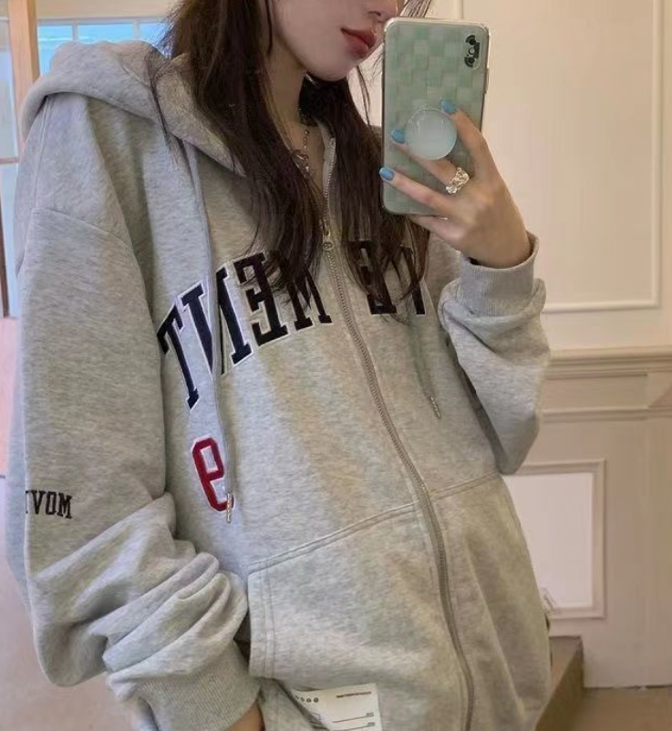 Letter Embroidery Oversized Zip Up Hoodie - fairypeony