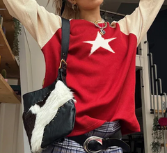 Vintage Contrast Color Star Raglan Sweater - fairypeony