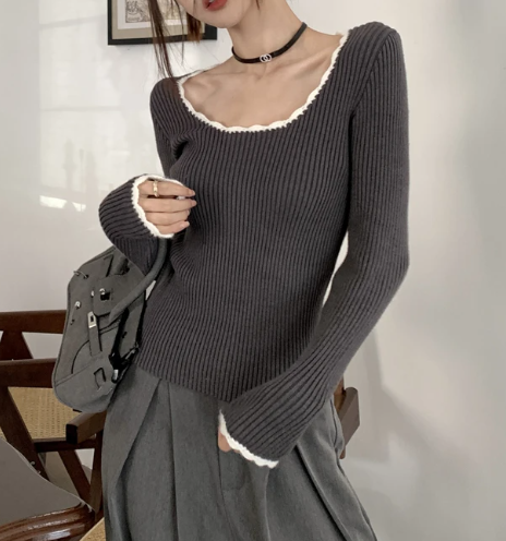 Contrast Color Trim Slim Long Sleeve Knit Top - fairypeony