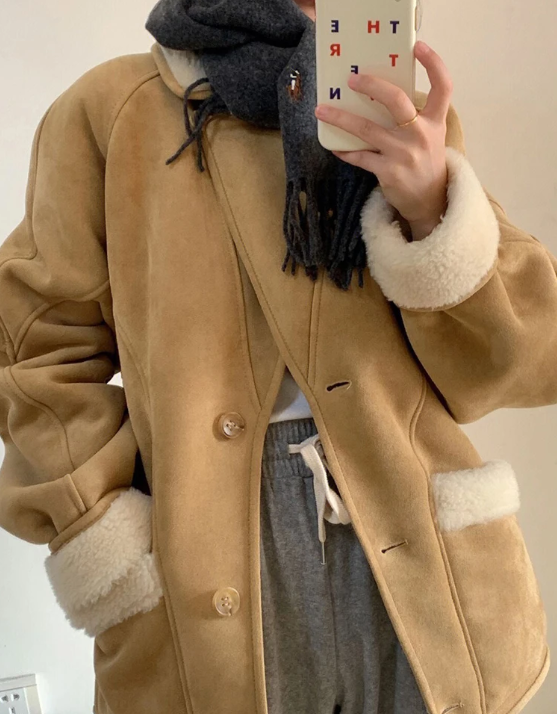 Suede Lambswool Lapel Neck Jacket - fairypeony