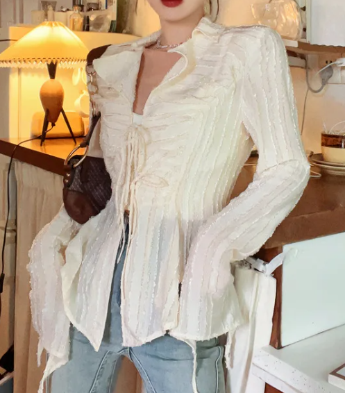 Front Tie Ruffle Long Sleeves Blouse - fairypeony