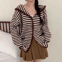 Vintage Striped Loose Hooded Knitted Cardigan
