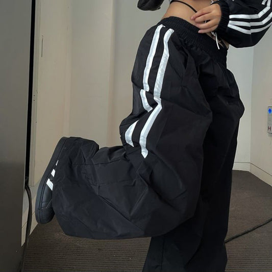 Side Striped Black Wide Leg Sweatpants - fairypeony