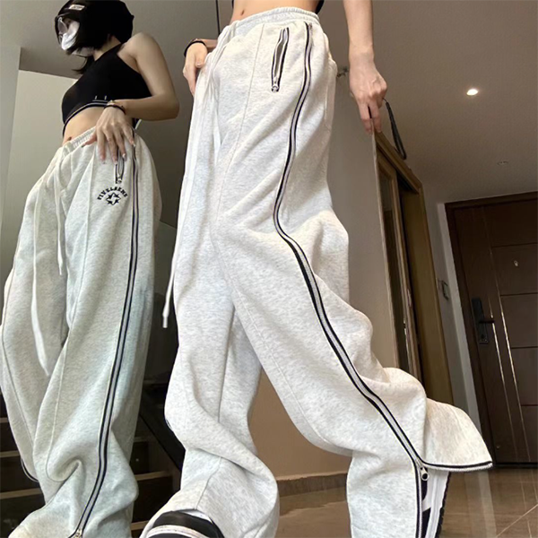 Side Zip Up Stretchy Waist Loose Sweatpants - fairypeony
