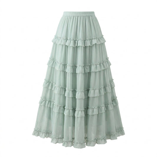 French Ruffled Flared Chiffon Maxi Skirt