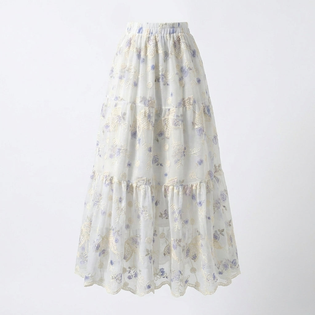 Embroidered floral pleated high waist Maxi skirt