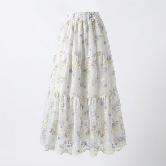Embroidered floral pleated high waist Maxi skirt